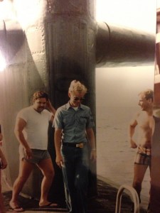 Sonarmen Jeff Marcey, Keith Hetherington and "Diver Dave" Stahura. Keith just might get dumped into the water  (1985).